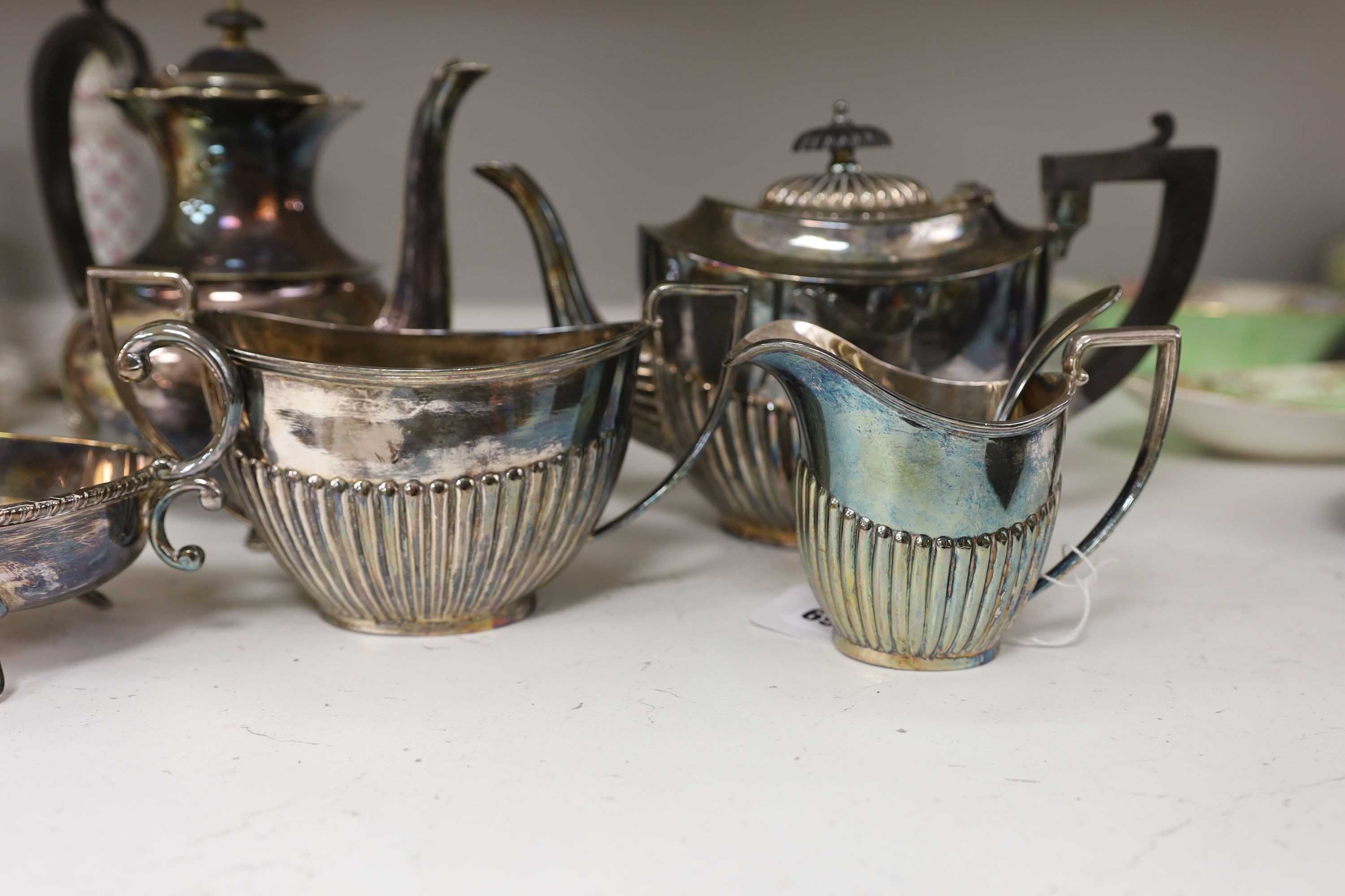 A silver plated 3 piece tea set and other plated wares